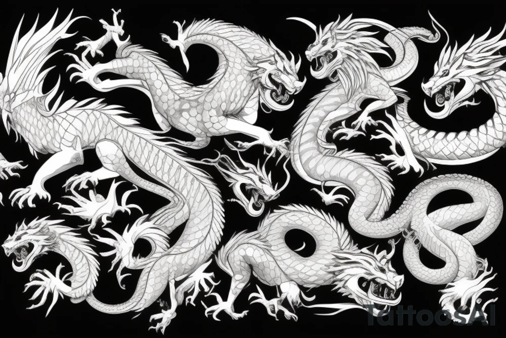 dragon lion Pegasus 
dragon and lion faces mixed
running
lions main
dragon claws
wings
snake like
twisting
entire pegasus tattoo idea