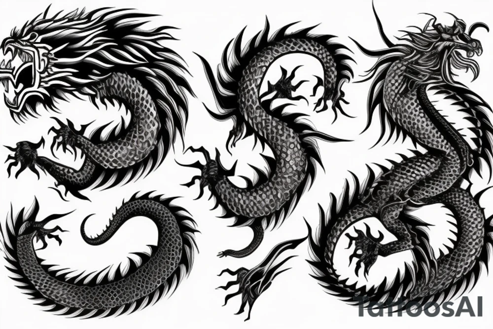 dragon lion Pegasus 
dragon and lion faces mixed
running
lions main
dragon claws
wings
snake like
twisting
entire pegasus tattoo idea