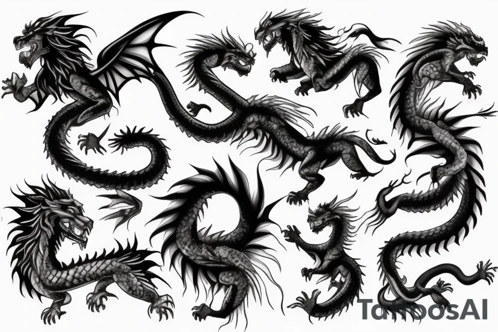 dragon lion Pegasus 
dragon and lion faces mixed
running
lions main
dragon claws
wings
snake like
twisting
entire pegasus tattoo idea