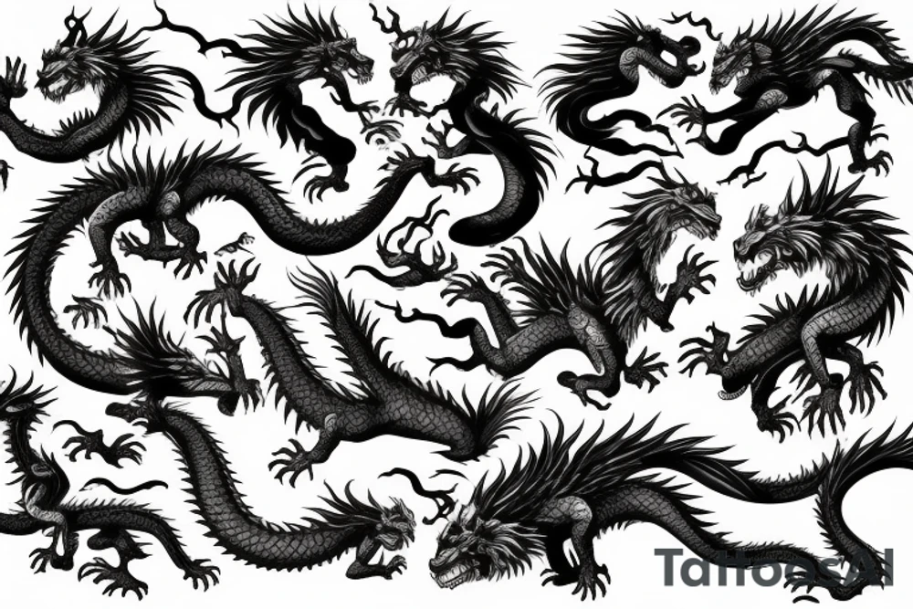 dragon lion Pegasus 
dragon and lion faces mixed
running
lions main
dragon claws
wings
snake like
twisting
entire pegasus tattoo idea