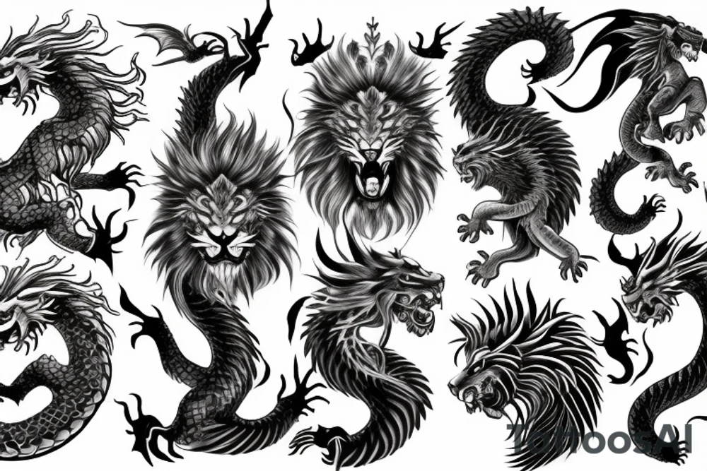 dragon lion Pegasus 
dragon and lion faces mixed
running
lions main
dragon claws
wings
snake like
twisting
entire pegasus tattoo idea