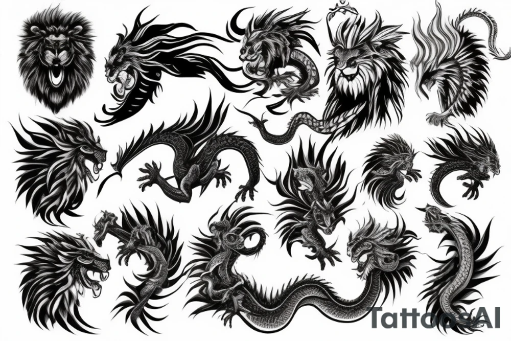 dragon lion Pegasus 
dragon and lion faces mixed
running
lions main
dragon claws
wings
snake like
twisting
entire pegasus tattoo idea