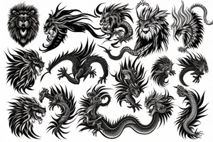 dragon lion Pegasus 
dragon and lion faces mixed
running
lions main
dragon claws
wings
snake like
twisting
entire pegasus tattoo idea