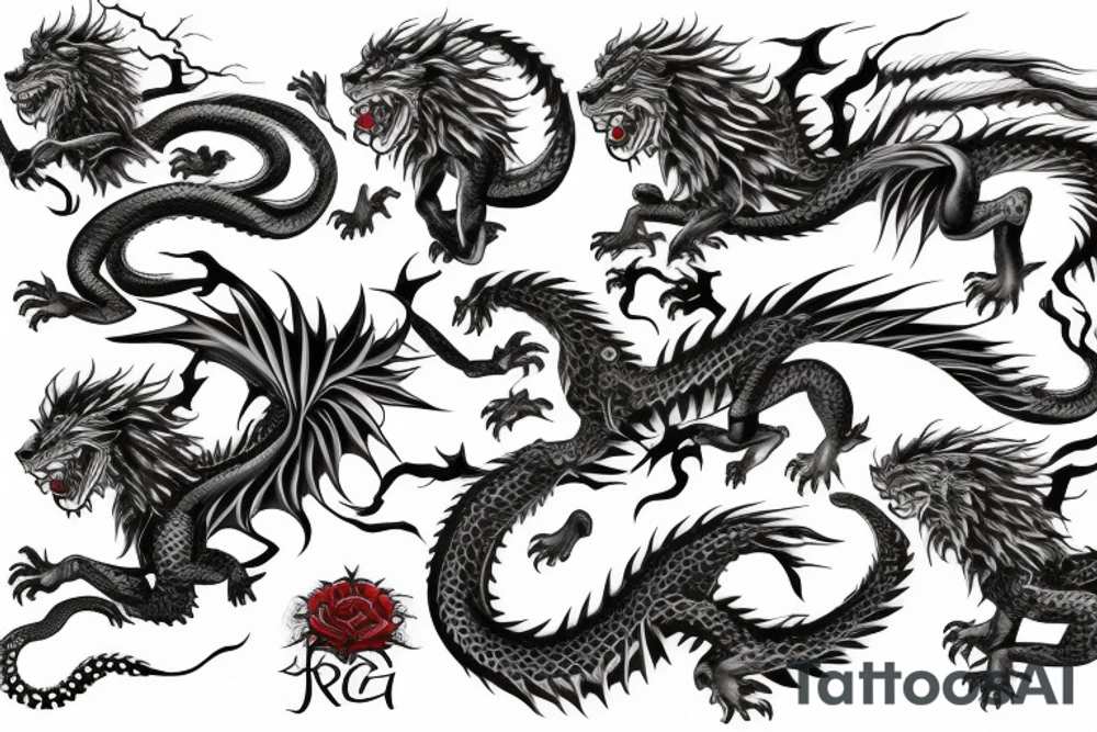 dragon lion Pegasus 
dragon and lion faces mixed
running
lions main
dragon claws
wings
snake like
twisting
entire pegasus tattoo idea