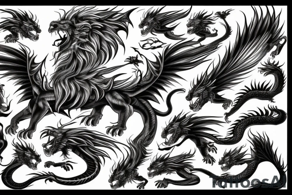 dragon lion Pegasus 
dragon and lion faces mixed
running
lions main
dragon claws
wings
snake like
twisting
entire pegasus tattoo idea