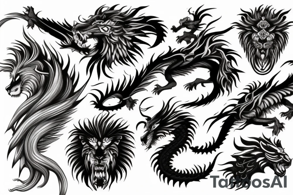 dragon lion Pegasus 
dragon and lion faces mixed
running
lions main
dragon claws
wings
snake like
twisting
entire pegasus tattoo idea