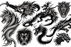 dragon lion Pegasus 
dragon and lion faces mixed
running
lions main
dragon claws
wings
snake like
twisting
entire pegasus tattoo idea