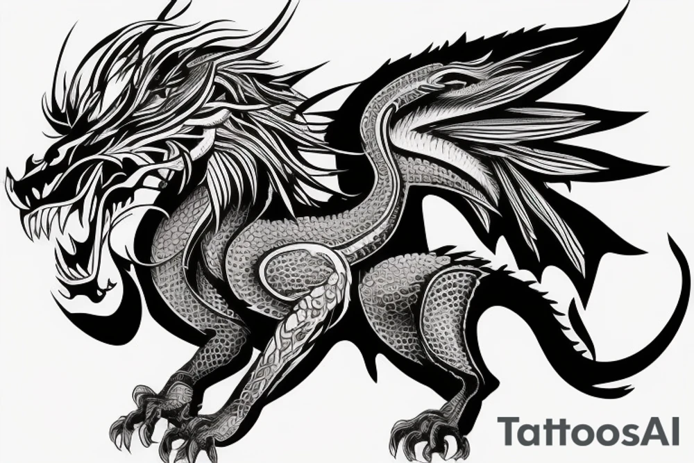 dragon lion Pegasus 
dragon and lion faces mixed
running
lions main
dragon claws
wings
snake like
twisting
entire pegasus
abstract negative space
trippy tattoo idea