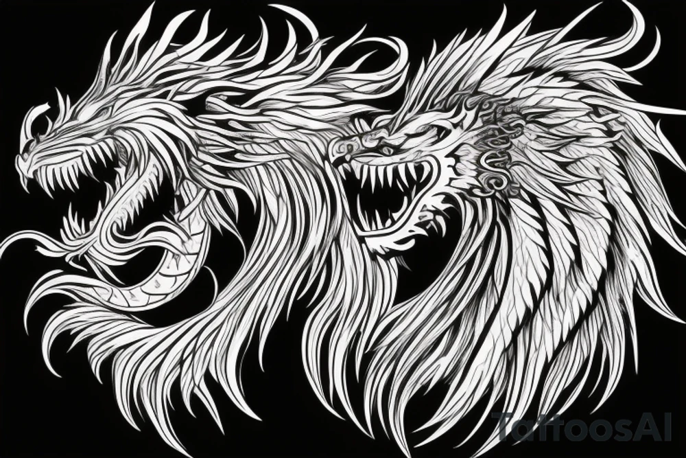 dragon lion Pegasus 
dragon and lion faces mixed
running
lions main
dragon claws
wings
snake like
twisting
entire pegasus
abstract negative space
trippy tattoo idea