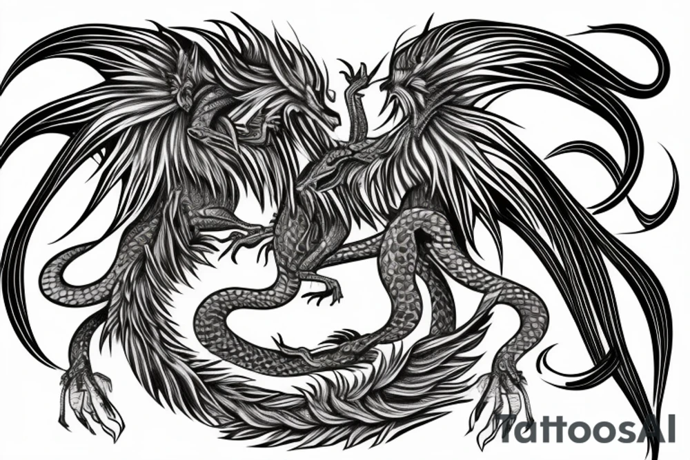 dragon lion Pegasus 
dragon and lion faces mixed
running
lions main
dragon claws
wings
snake like
twisting
entire pegasus
abstract negative space
trippy tattoo idea