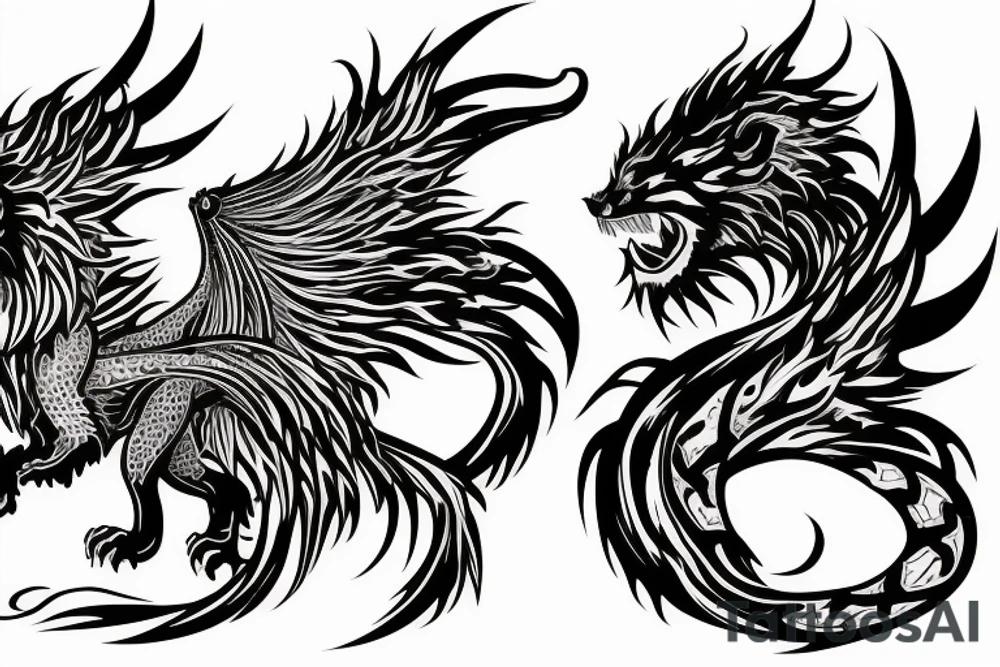 dragon lion Pegasus 
dragon and lion faces mixed
running
lions main
dragon claws
wings
snake like
twisting
entire pegasus
abstract negative space
trippy tattoo idea