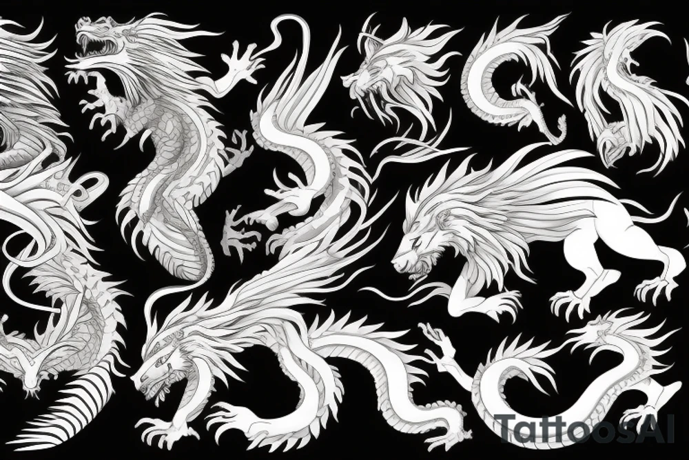 dragon lion Pegasus 
dragon and lion faces mixed
running
lions main
dragon claws
wings
snake like
twisting
entire pegasus
abstract negative space
trippy tattoo idea