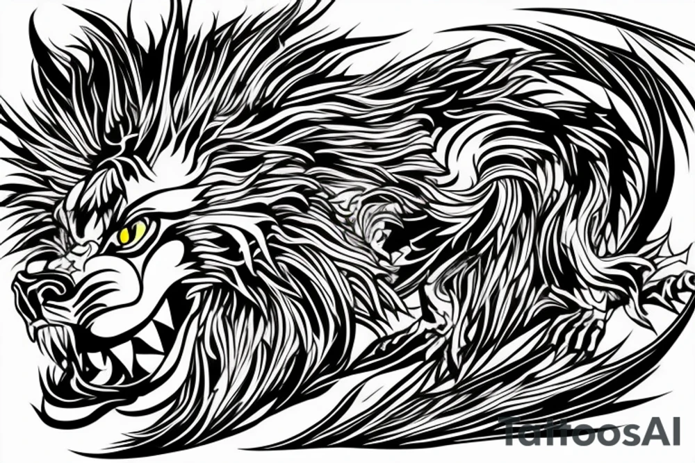 dragon lion Pegasus 
dragon and lion faces mixed
running
lions main
dragon claws
wings
snake like
twisting
entire pegasus
abstract negative space
trippy tattoo idea