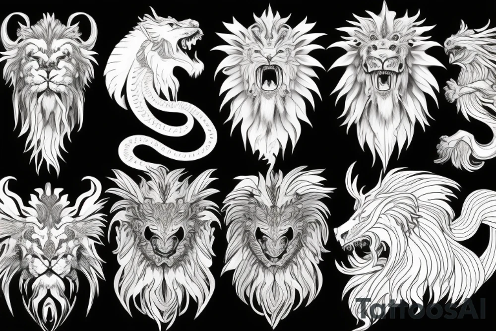 dragon lion Pegasus 
dragon and lion faces mixed
running
lions main
dragon claws
wings
snake like
twisting
entire pegasus
abstract negative space
trippy tattoo idea