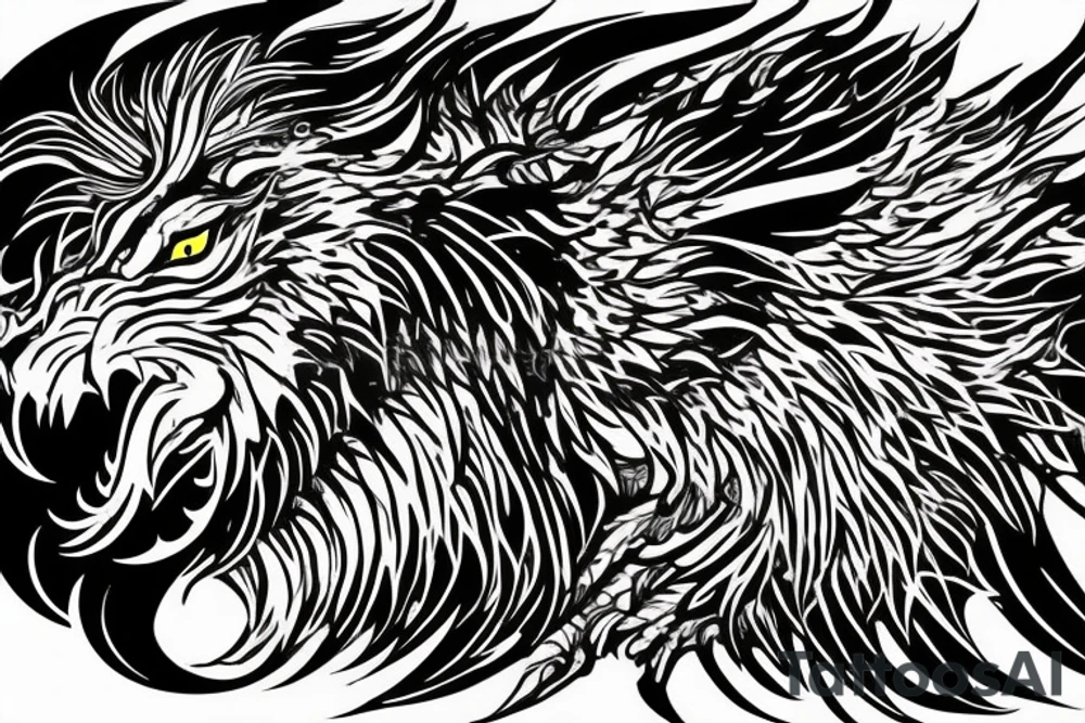 dragon lion Pegasus 
dragon and lion faces mixed
running
lions main
dragon claws
wings
twisting
entire pegasus
abstract negative space
trippy
dark tattoo idea