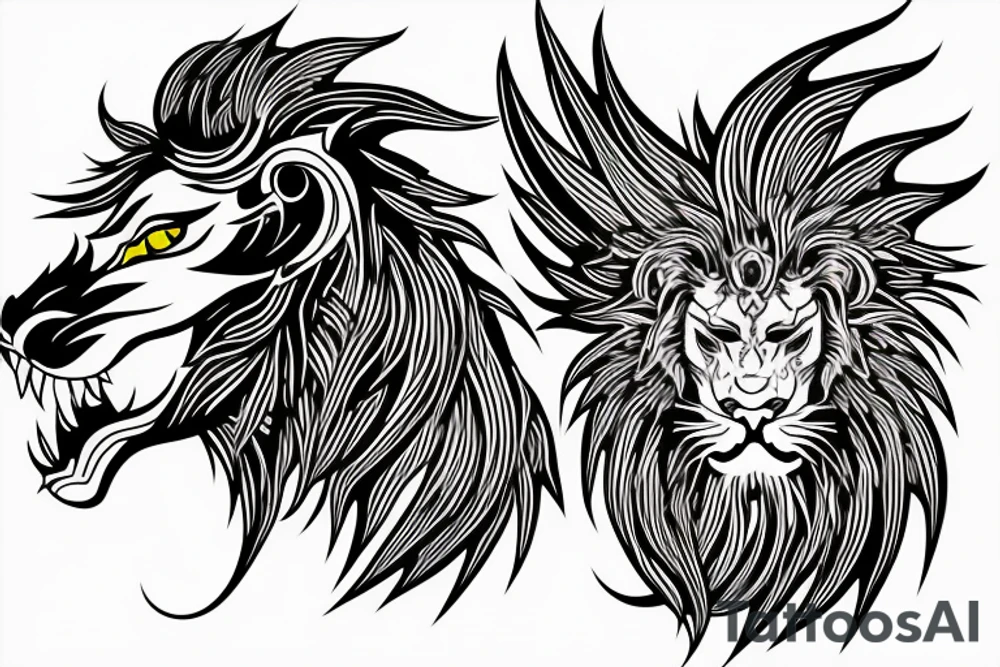 dragon lion Pegasus 
dragon and lion faces mixed
running
lions main
dragon claws
wings
twisting
entire pegasus
abstract negative space
trippy
dark tattoo idea