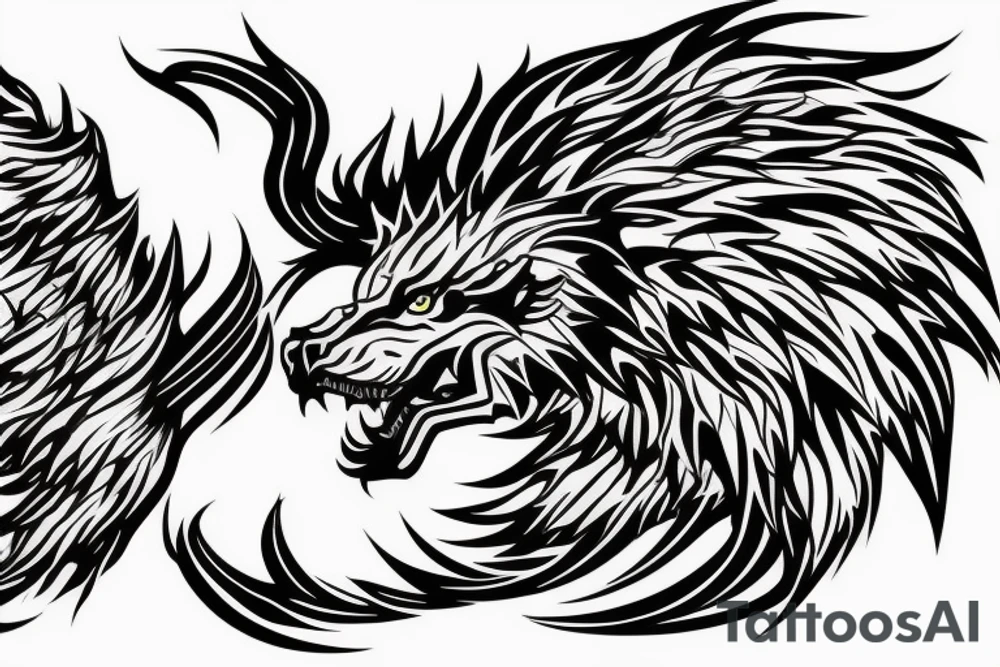 dragon lion Pegasus 
dragon and lion faces mixed
running
lions main
dragon claws
wings
twisting
entire pegasus
abstract negative space
trippy
dark tattoo idea