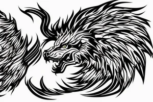 dragon lion Pegasus 
dragon and lion faces mixed
running
lions main
dragon claws
wings
twisting
entire pegasus
abstract negative space
trippy
dark tattoo idea