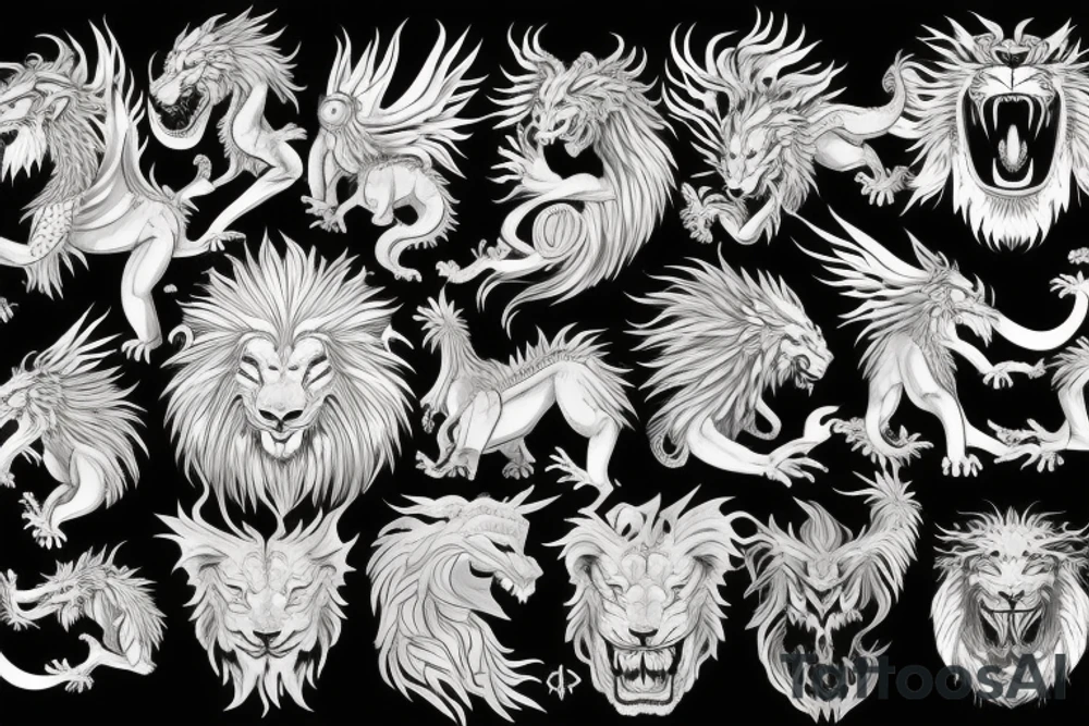 dragon lion Pegasus 
dragon and lion faces mixed
running
lions main
dragon claws
wings
twisting
entire pegasus
abstract negative space
trippy
dark tattoo idea