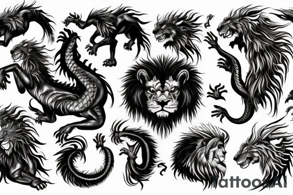 dragon lion Pegasus 
dragon and lion faces mixed
running
lions main
dragon claws
wings
twisting
entire pegasus
abstract negative space
trippy
dark tattoo idea