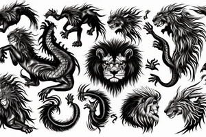 dragon lion Pegasus 
dragon and lion faces mixed
running
lions main
dragon claws
wings
twisting
entire pegasus
abstract negative space
trippy
dark tattoo idea