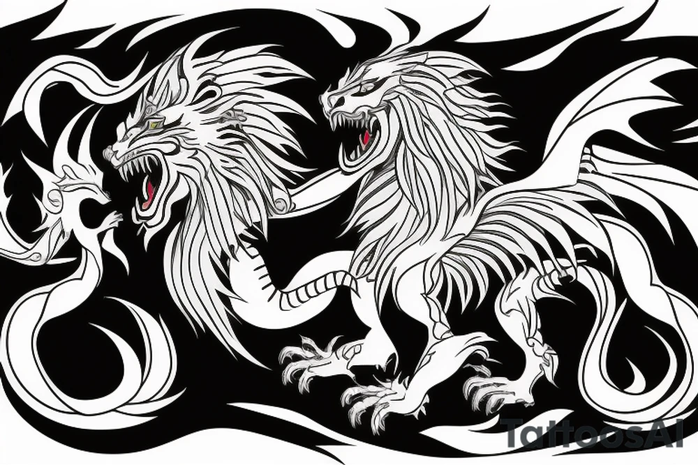dragon lion Pegasus 
dragon and lion faces mixed
running
lions main
dragon claws
wings
twisting
entire pegasus
abstract negative space
trippy
dark tattoo idea