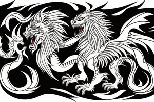 dragon lion Pegasus 
dragon and lion faces mixed
running
lions main
dragon claws
wings
twisting
entire pegasus
abstract negative space
trippy
dark tattoo idea