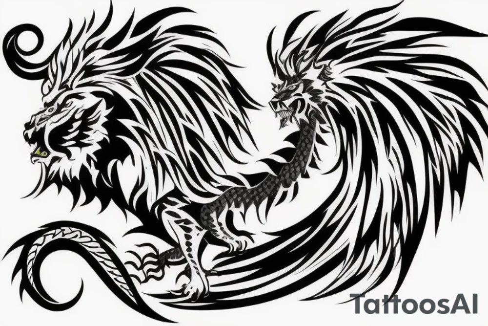 dragon lion Pegasus 
dragon and lion faces mixed
running
lions main
dragon claws
wings
twisting
entire pegasus
abstract negative space
trippy
dark tattoo idea