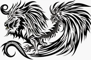 dragon lion Pegasus 
dragon and lion faces mixed
running
lions main
dragon claws
wings
twisting
entire pegasus
abstract negative space
trippy
dark tattoo idea