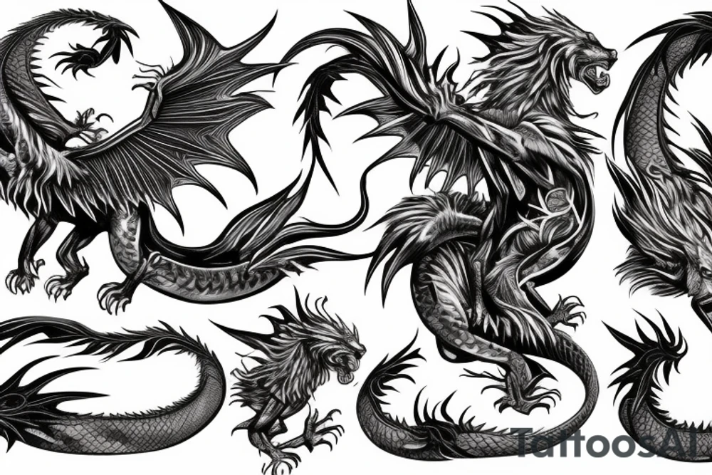 dragon lion Pegasus 
dragon and lion faces mixed
running
lions main
dragon claws
wings
twisting
entire pegasus
abstract negative space
trippy
dark tattoo idea