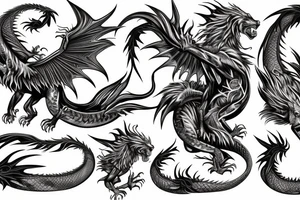 dragon lion Pegasus 
dragon and lion faces mixed
running
lions main
dragon claws
wings
twisting
entire pegasus
abstract negative space
trippy
dark tattoo idea