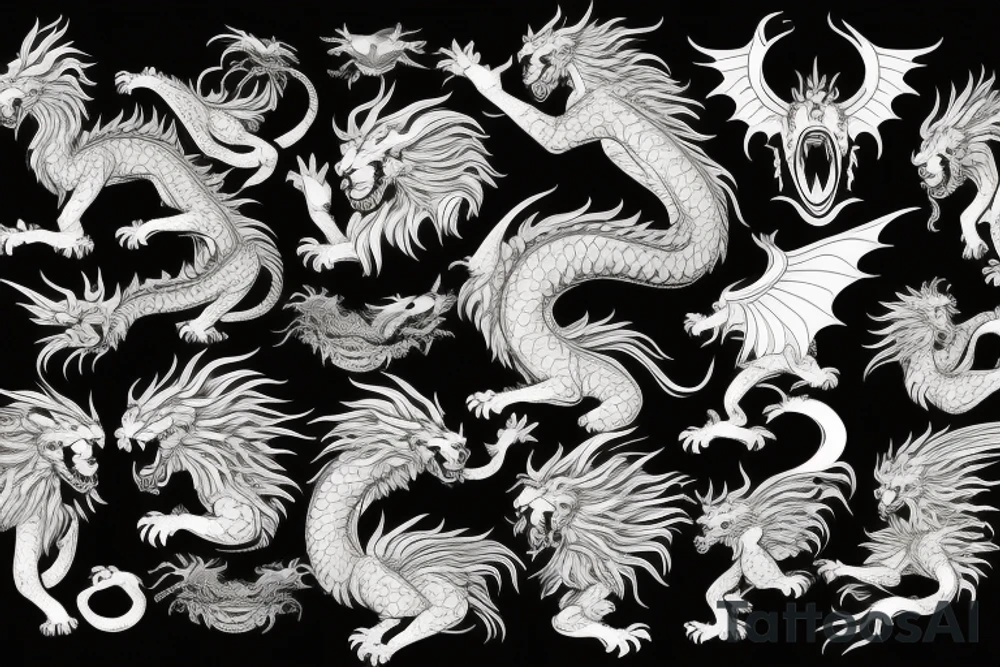 dragon lion Pegasus 
dragon and lion faces mixed
running
lions main
dragon claws
wings
twisting
entire pegasus
abstract negative space
trippy
dark tattoo idea