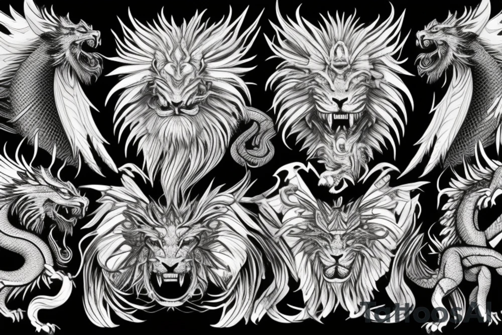dragon lion Pegasus 
dragon and lion faces mixed
running
lions main
dragon claws
wings
twisting
entire pegasus
abstract negative space
trippy
dark tattoo idea