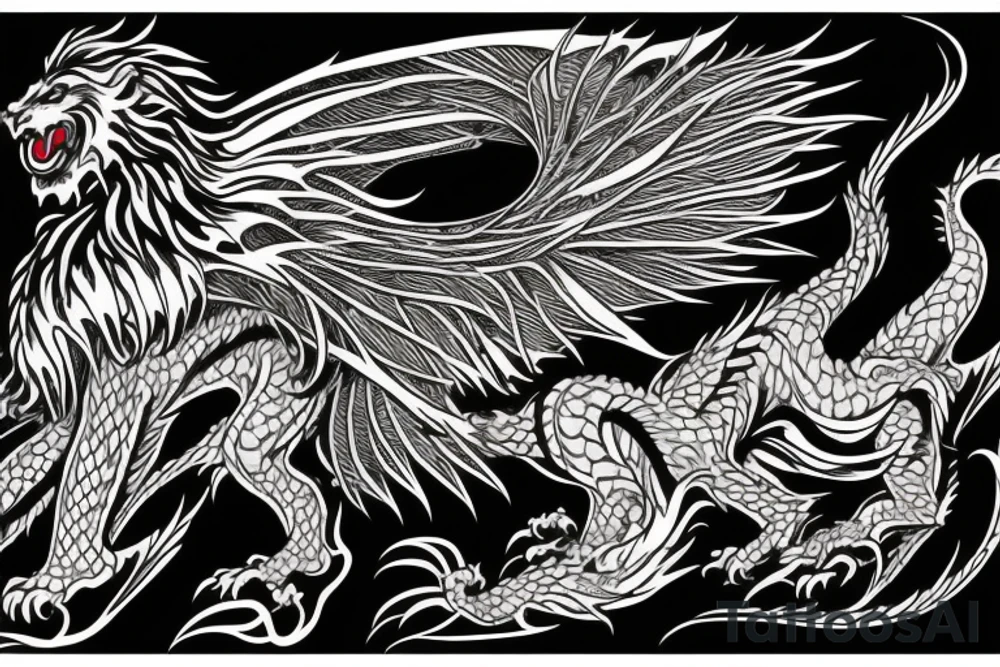 dragon lion Pegasus 
dragon and lion faces mixed
running
lions main
dragon claws
wings
twisting
entire pegasus
abstract negative space
trippy
dark tattoo idea