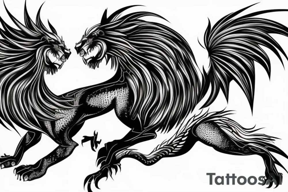 dragon lion Pegasus 
dragon and lion faces mixed
running
lions main
dragon claws
wings
twisting
entire pegasus
abstract negative space
trippy
dark tattoo idea