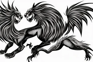 dragon lion Pegasus 
dragon and lion faces mixed
running
lions main
dragon claws
wings
twisting
entire pegasus
abstract negative space
trippy
dark tattoo idea