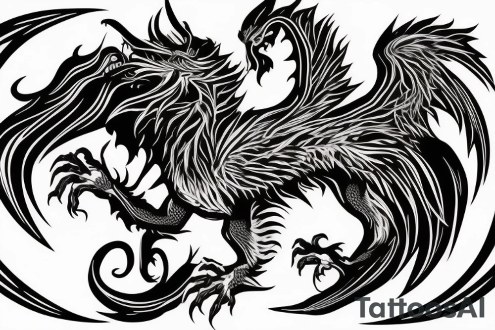dragon lion Pegasus 
dragon and lion faces mixed
running
lions main
dragon claws
wings
twisting
entire pegasus
abstract negative space
trippy
dark tattoo idea