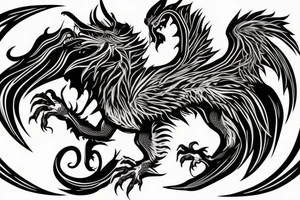 dragon lion Pegasus 
dragon and lion faces mixed
running
lions main
dragon claws
wings
twisting
entire pegasus
abstract negative space
trippy
dark tattoo idea