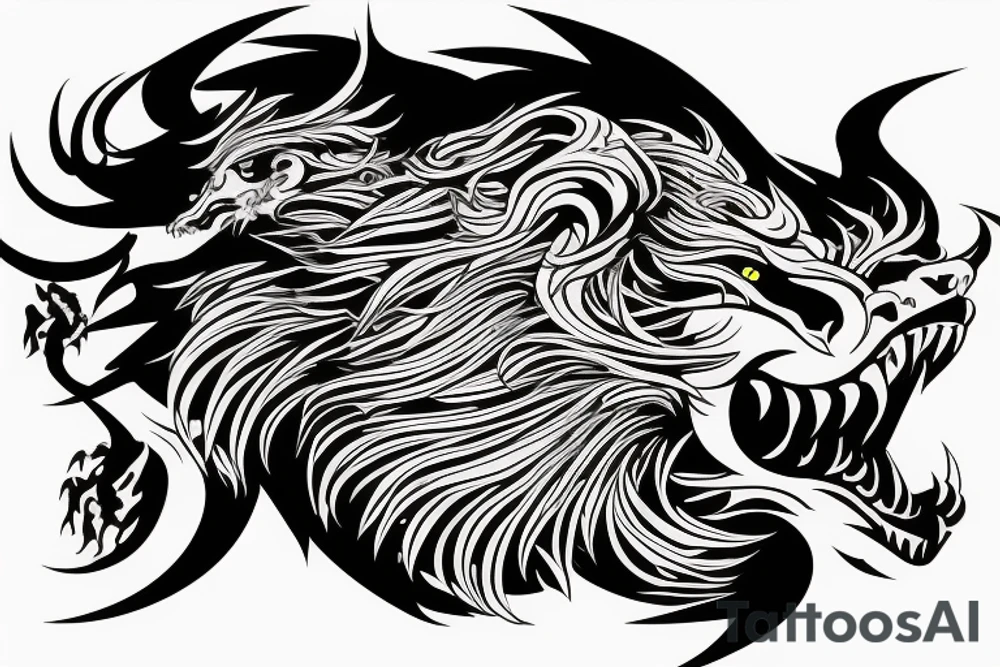 dragon lion Pegasus 
dragon and lion faces mixed
running
lions main
hair like dragon scales
dragon claws
wings
twisting
entire pegasus
abstract negative space
trippy
dark tattoo idea