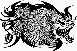 dragon lion Pegasus 
dragon and lion faces mixed
running
lions main
hair like dragon scales
dragon claws
wings
twisting
entire pegasus
abstract negative space
trippy
dark tattoo idea