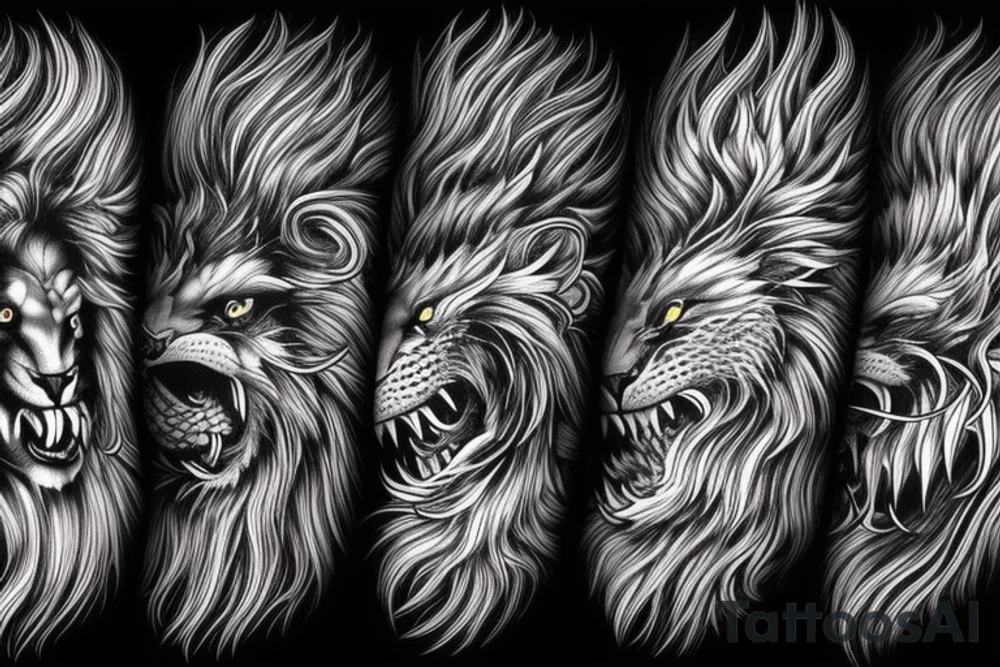 dragon lion Pegasus 
dragon and lion faces mixed
running
lions main
hair like dragon scales
dragon claws
wings
twisting
entire pegasus
abstract negative space
trippy
dark tattoo idea