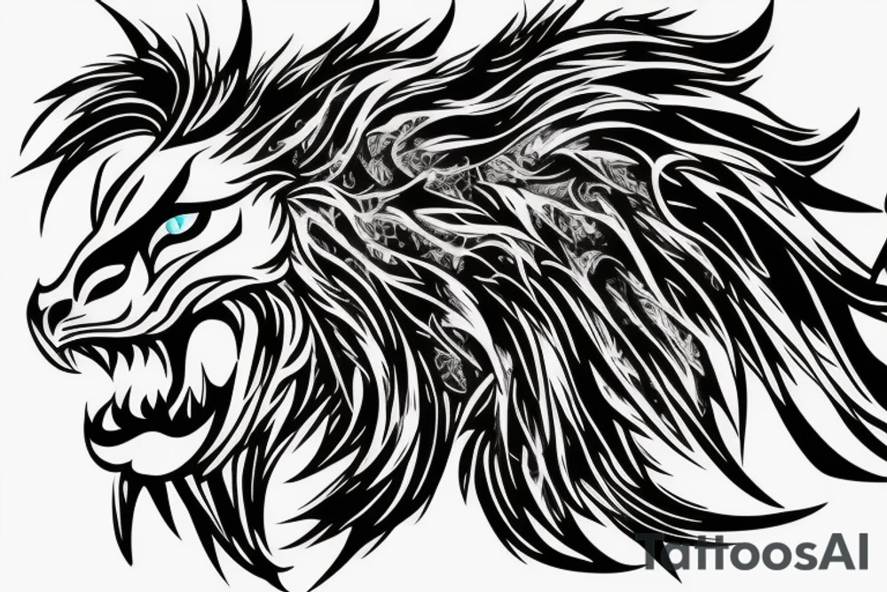 dragon lion Pegasus 
dragon and lion faces mixed
running
lions main
hair like dragon scales
dragon claws
wings
twisting
entire pegasus
abstract negative space
trippy
dark tattoo idea