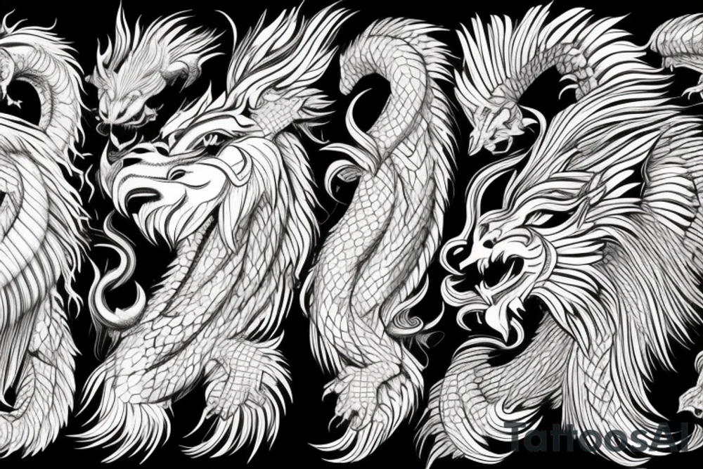 dragon lion Pegasus 
dragon and lion faces mixed
running
lions main
hair like dragon scales
dragon claws
wings
twisting
entire pegasus
abstract negative space
trippy
dark tattoo idea