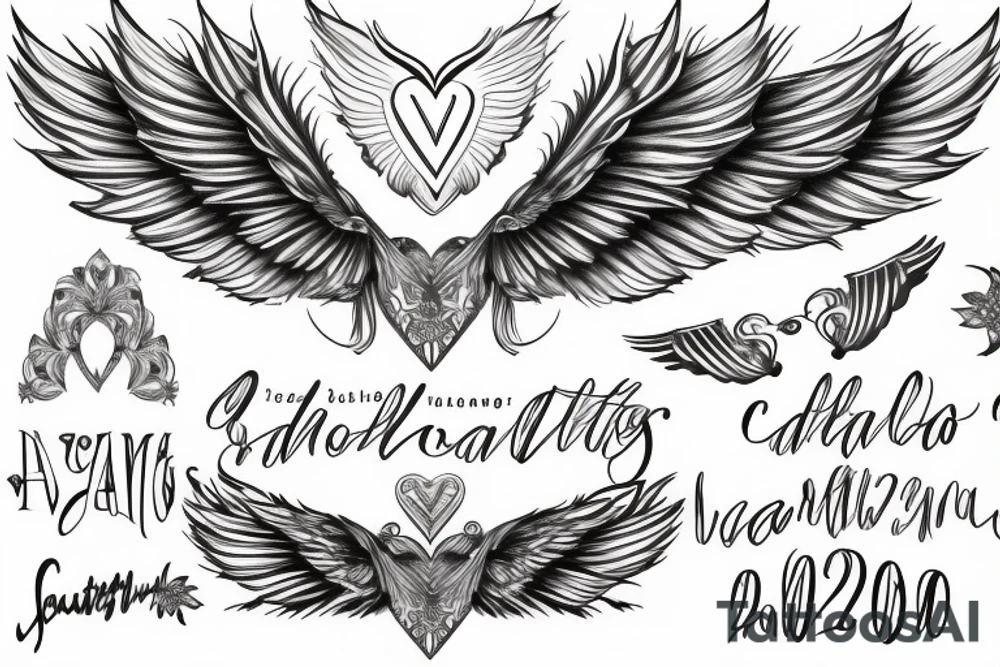 angel wings surrounding the name "Charlotte 03-07-2020" tattoo idea