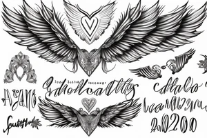 angel wings surrounding the name "Charlotte 03-07-2020" tattoo idea