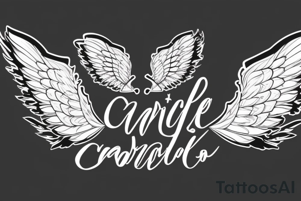 angel wings surrounding the name "Charlotte 03-07-2020" tattoo idea