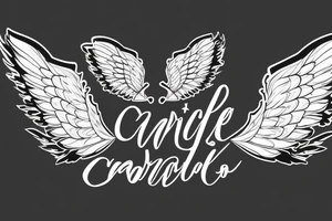 angel wings surrounding the name "Charlotte 03-07-2020" tattoo idea