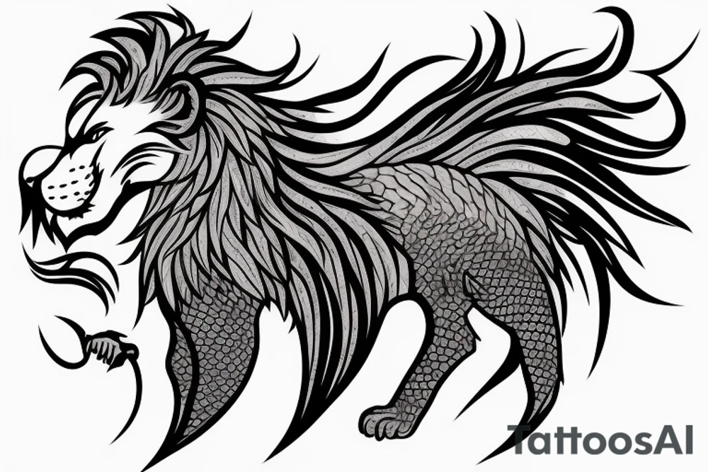 lion mane hair drawn as dragon scale armour tattoo idea