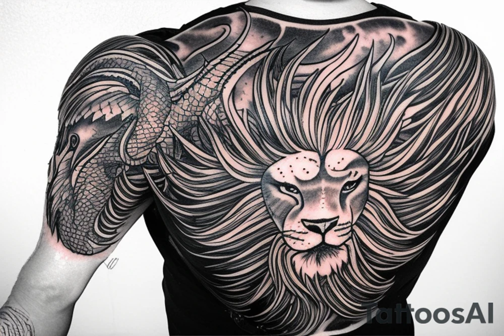 lion mane hair drawn as dragon scale armour tattoo idea