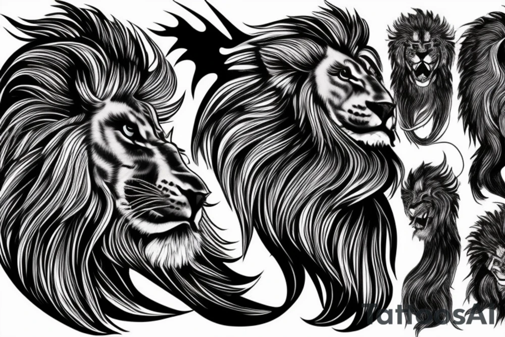 lion mane hair drawn as dragon scale armour tattoo idea